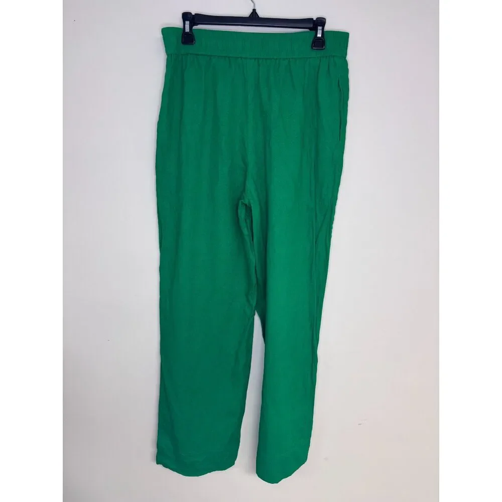 Zara Linen Blend Wide Leg Pants Womens L Green Pull On Elastic Waist